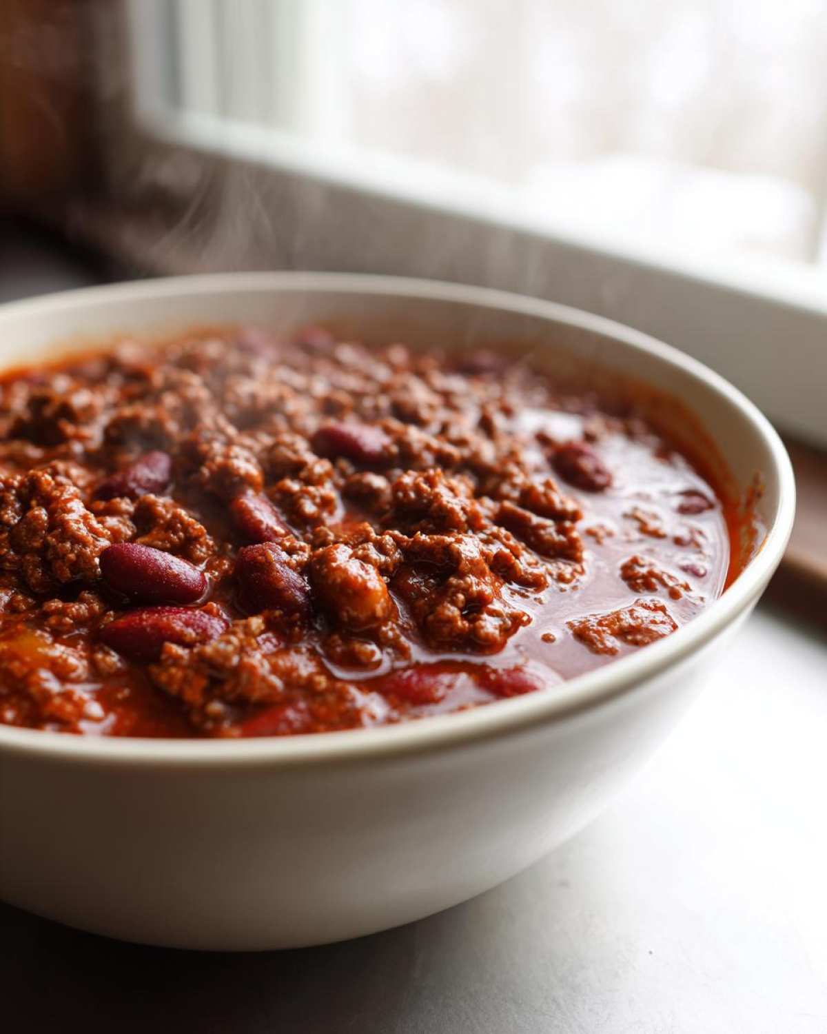 Close-up of a steaming white bowl filled with rich, thick chili featuring ground meat and kidney beans, part of the best chili recipe.