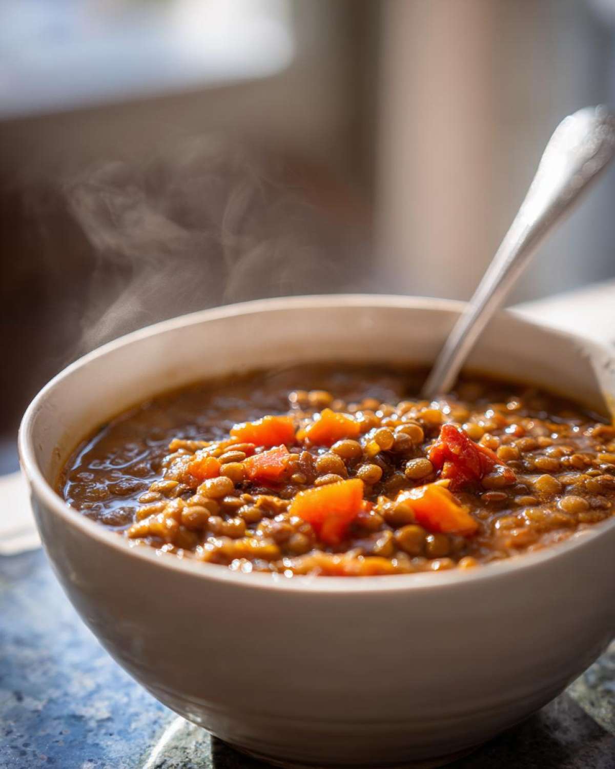 Close-up of a steaming bowl of thick lentil soup topped with diced orange carrots.