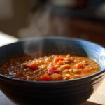 Close-up of a steaming blue bowl filled with hearty, warm lentil soup containing visible carrots and tomatoes.