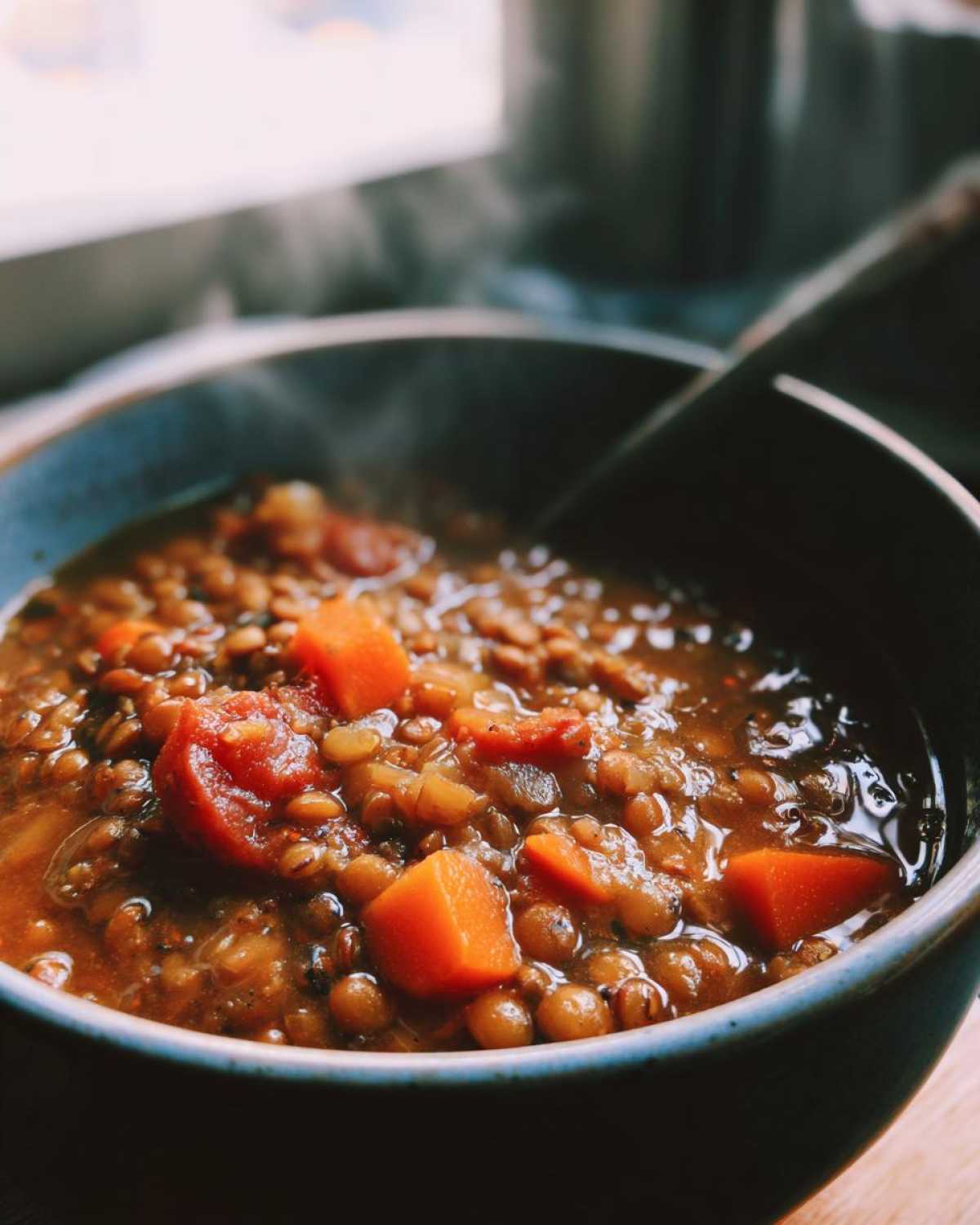 Close-up of a steaming bowl of hearty lentil soup featuring brown lentils, diced carrots, and tomatoes.