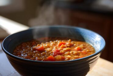 Close-up of a steaming blue bowl filled with hearty, warm lentil soup containing visible carrots and tomatoes.