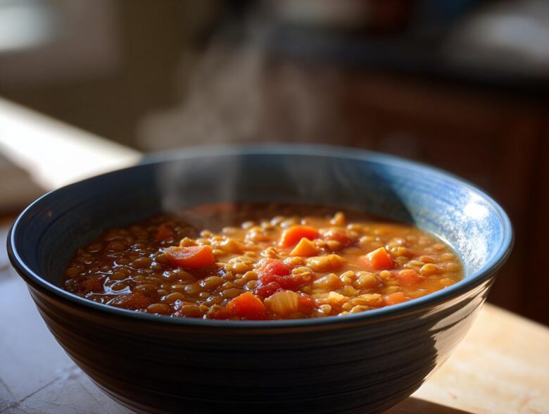 Close-up of a steaming blue bowl filled with hearty, warm lentil soup containing visible carrots and tomatoes.