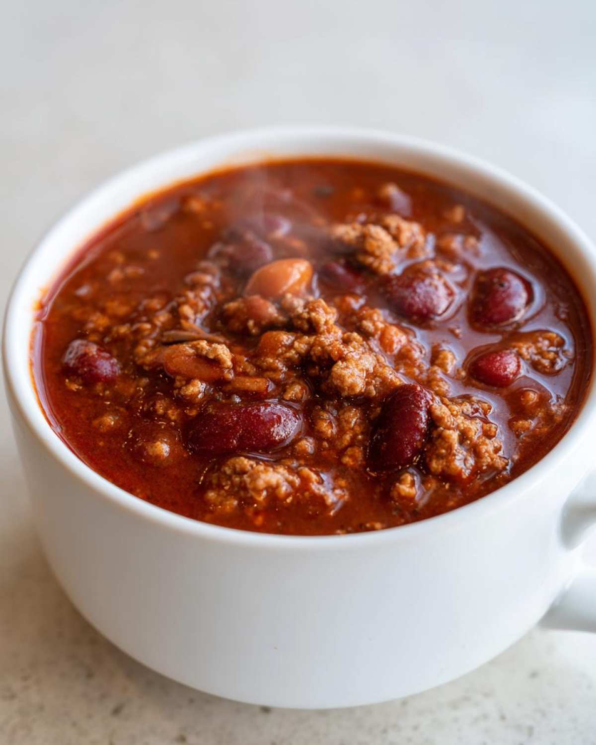 Close-up of a steaming white bowl filled with rich, red crockpot chili featuring ground meat and kidney beans.