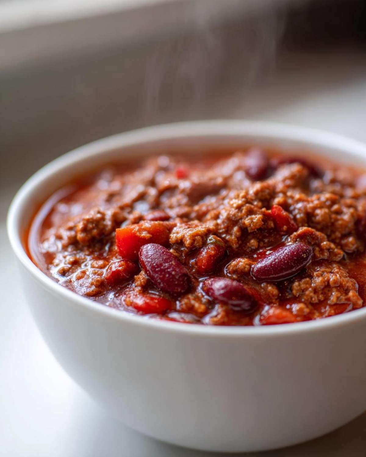 Close-up of a steaming white bowl filled with rich, hearty crockpot chili featuring ground meat and dark red kidney beans.