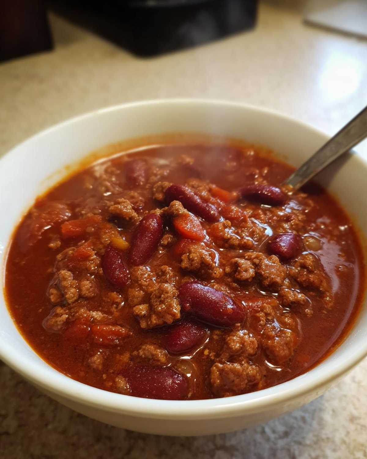 Close-up of a steaming white bowl filled with rich, red crockpot chili featuring ground beef and kidney beans.