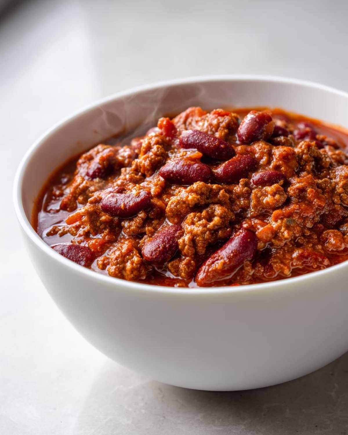 Close-up of a steaming white bowl filled with rich, hearty crockpot chili featuring ground meat and kidney beans.