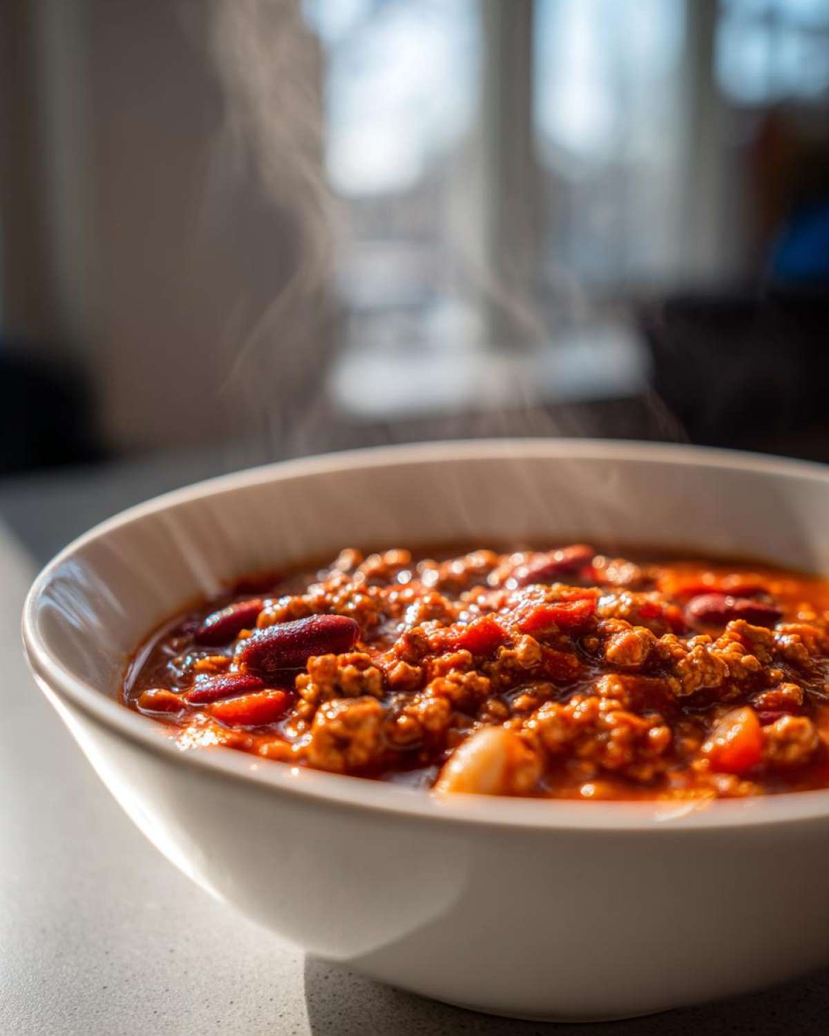 Close-up of a steaming white bowl filled with rich, hearty high protein chili featuring ground meat and kidney beans.