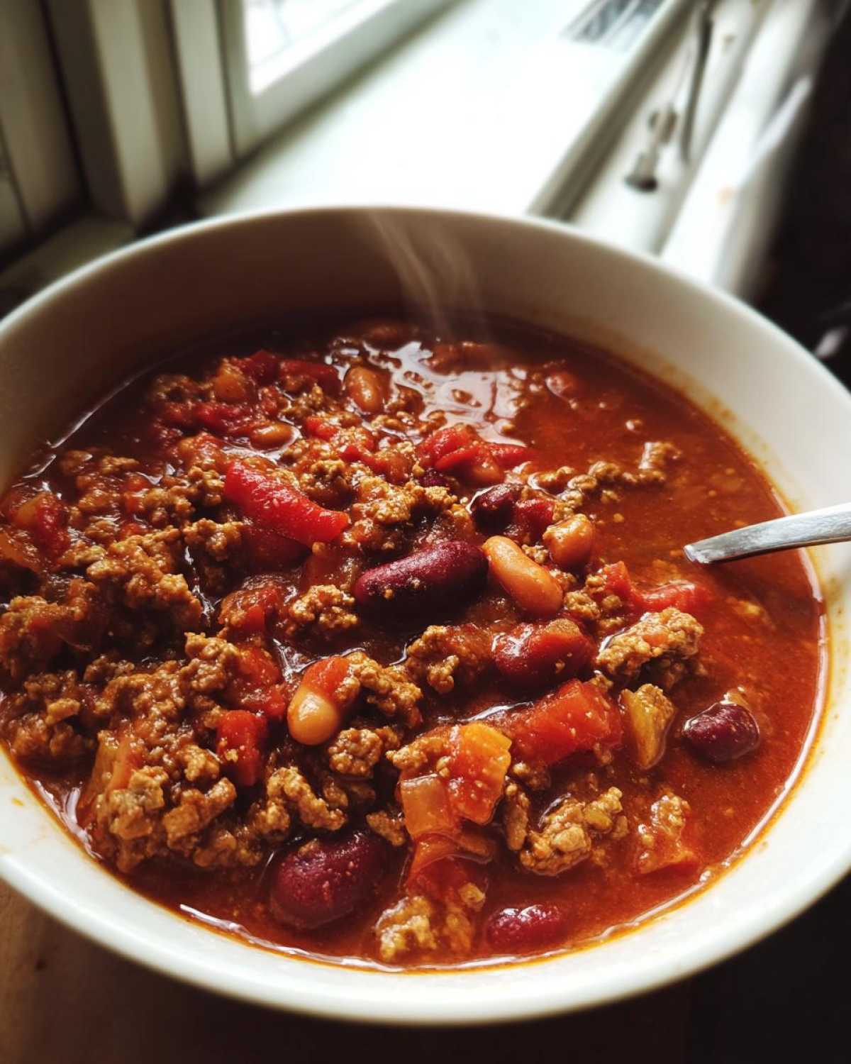 Close-up of a steaming white bowl filled with hearty high protein chili, featuring ground meat, kidney beans, and tomatoes.