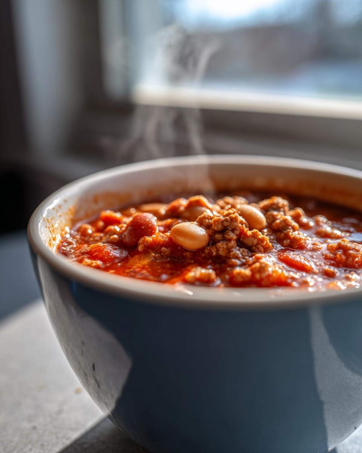 Close-up of a steaming bowl of rich, red high protein chili featuring ground meat and white beans.