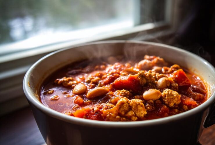 Close-up of a steaming bowl of rich, hearty high protein chili featuring ground meat and beans.