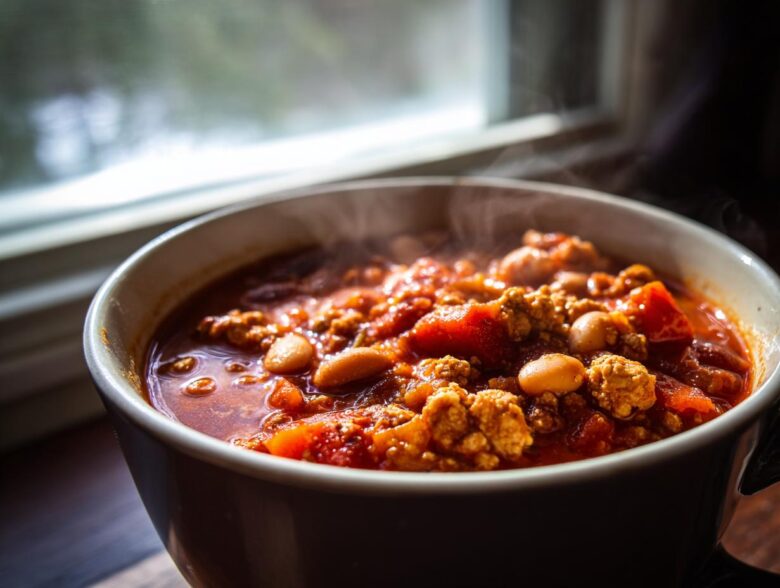 Close-up of a steaming bowl of rich, hearty high protein chili featuring ground meat and beans.