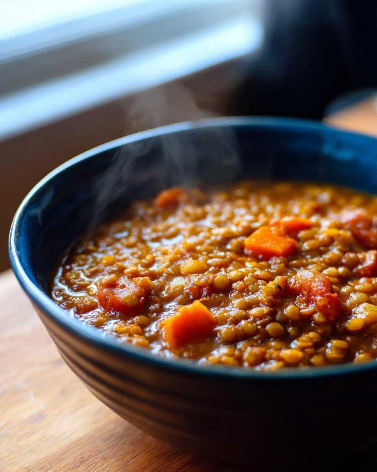Close-up of a steaming bowl of thick, orange-hued lentil soup with visible chunks of carrot.