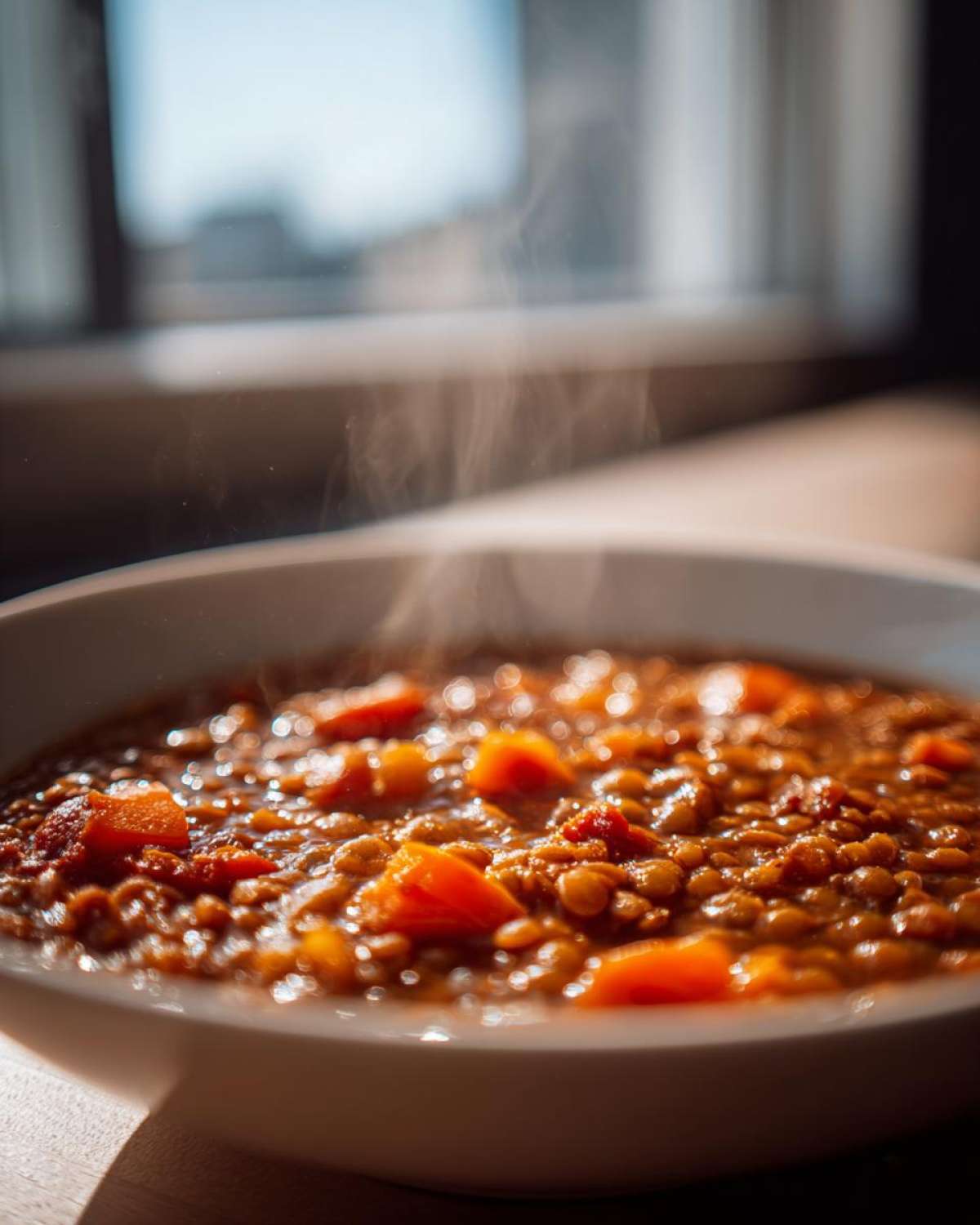 Close-up of a steaming white bowl filled with rich, hearty lentil soup featuring visible chunks of carrots.