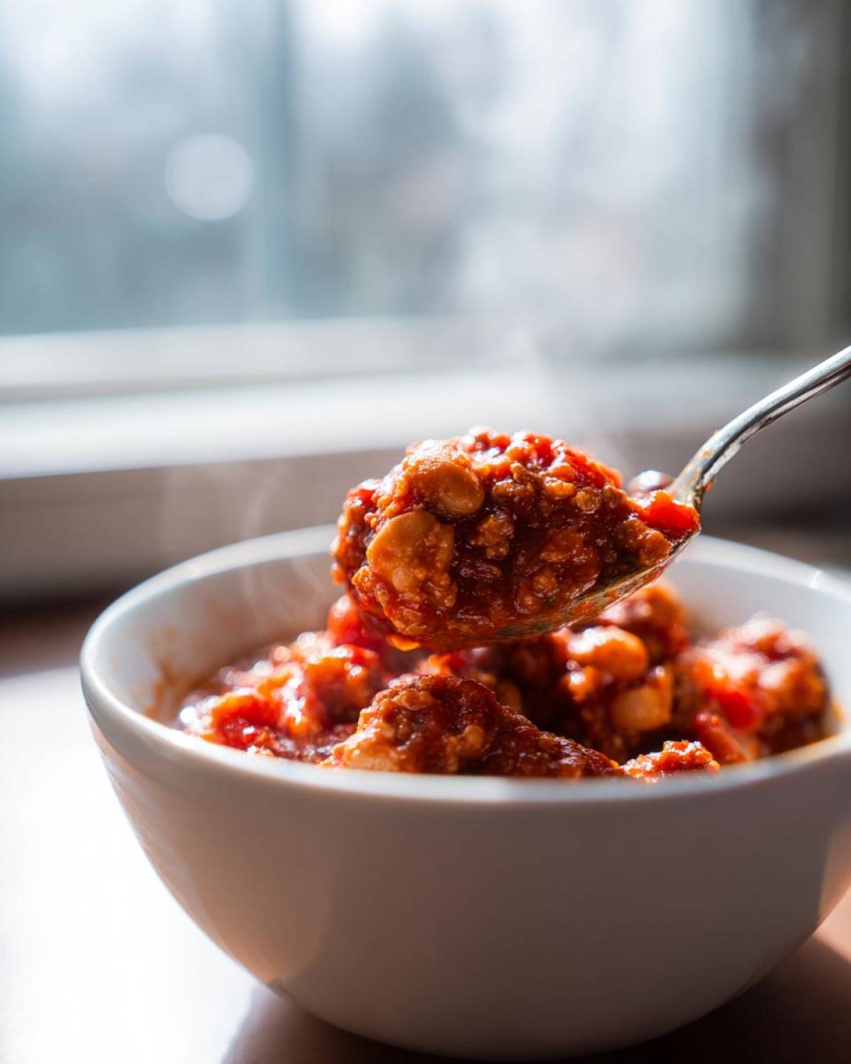 A spoonful of steaming, rich red high protein chili being lifted from a white bowl near a bright window.