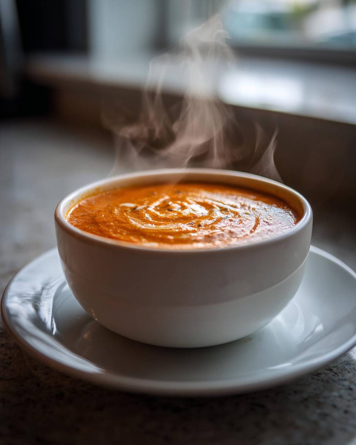 A white bowl filled with hot, steaming tomato bisque, garnished with a swirl of cream.