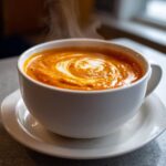 Close-up of a steaming bowl of rich, orange tomato bisque topped with a white cream swirl.
