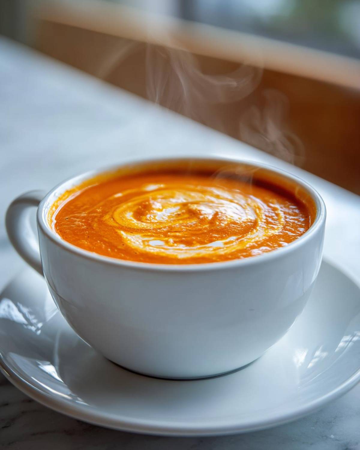 Close-up of hot, velvety tomato bisque in a white cup, topped with a cream swirl.
