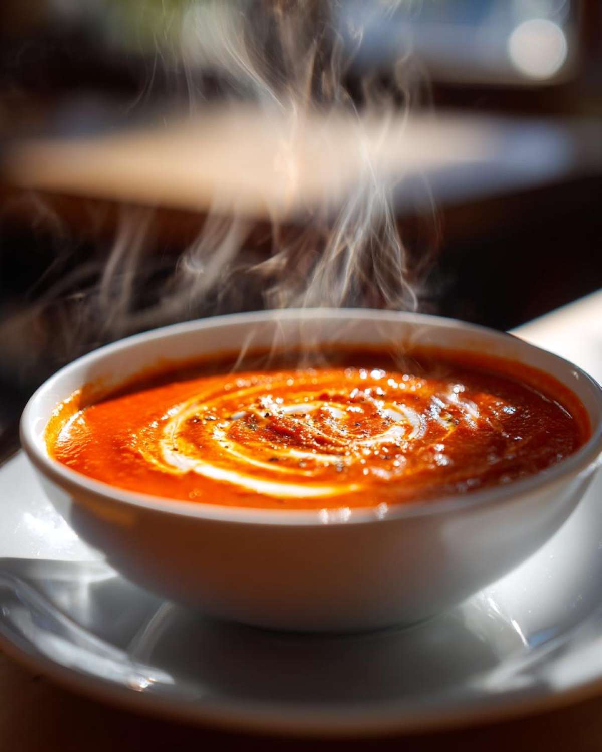 A close-up of a steaming white bowl filled with rich, velvety tomato bisque, garnished with a swirl of cream and pepper.