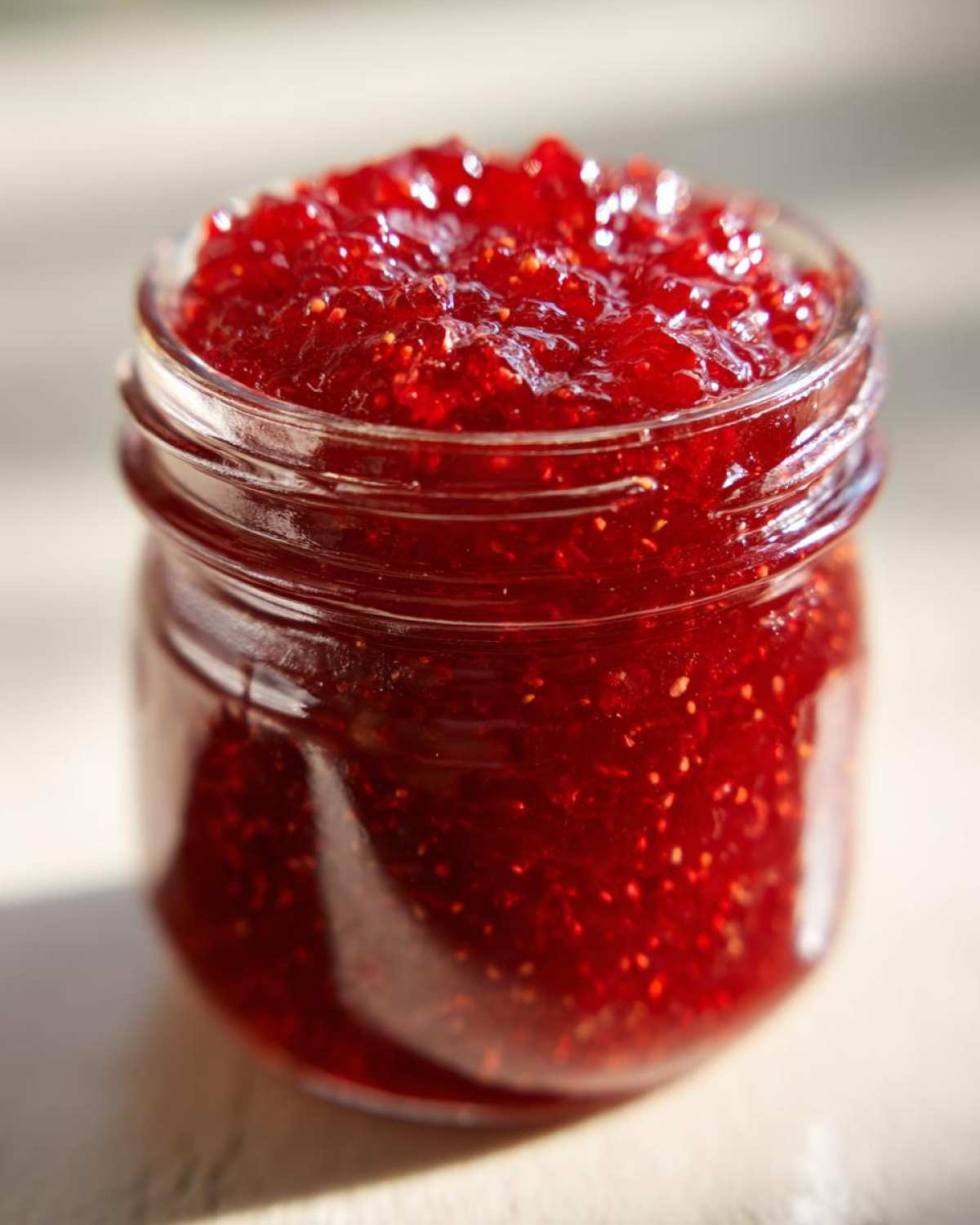 Close-up of a glass jar filled with glistening, bright red strawberry freezer jam, showing visible seeds.