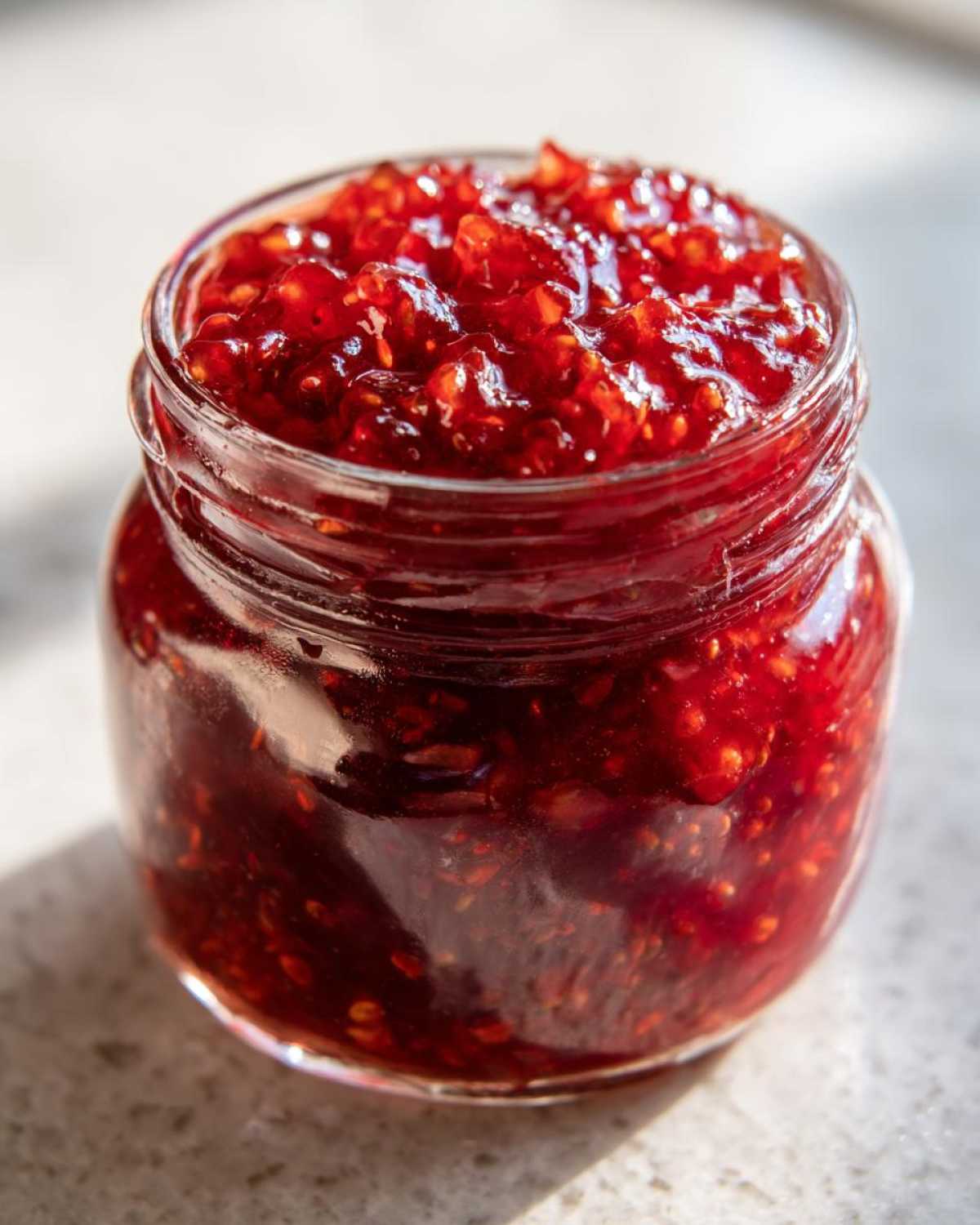 Close-up of a small glass jar filled with chunky, vibrant red strawberry freezer jam.