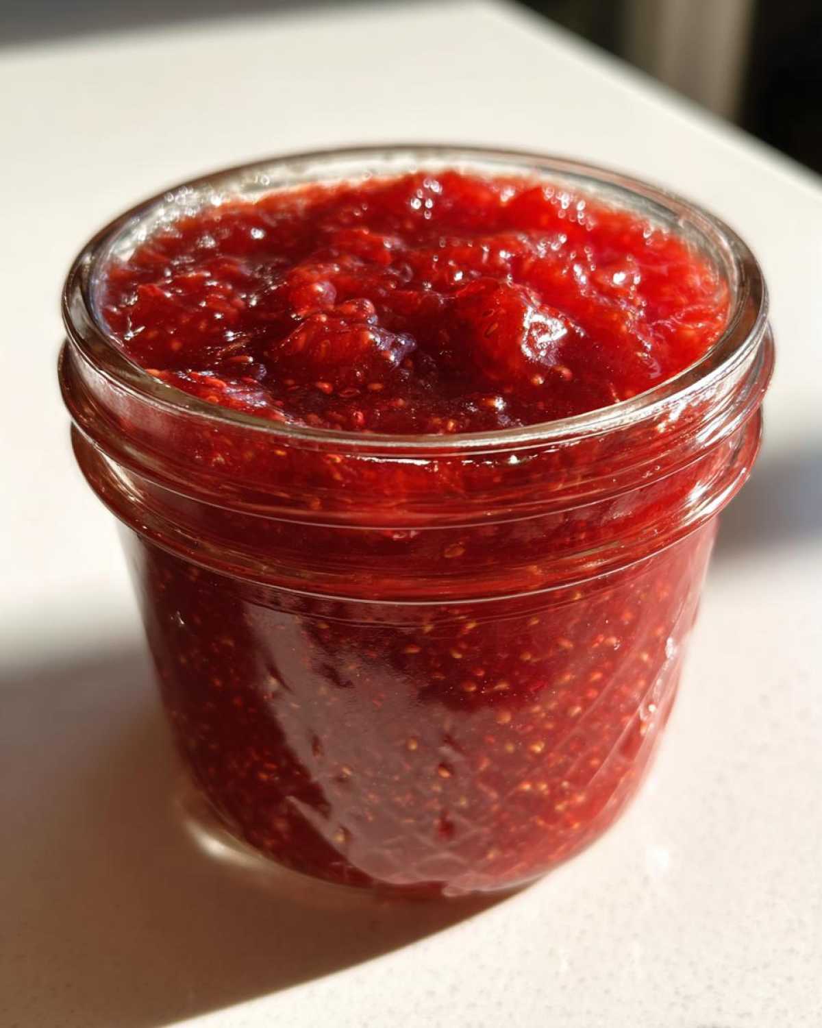 Close-up of a glass jar filled with bright red, chunky strawberry freezer jam, showing visible seeds.