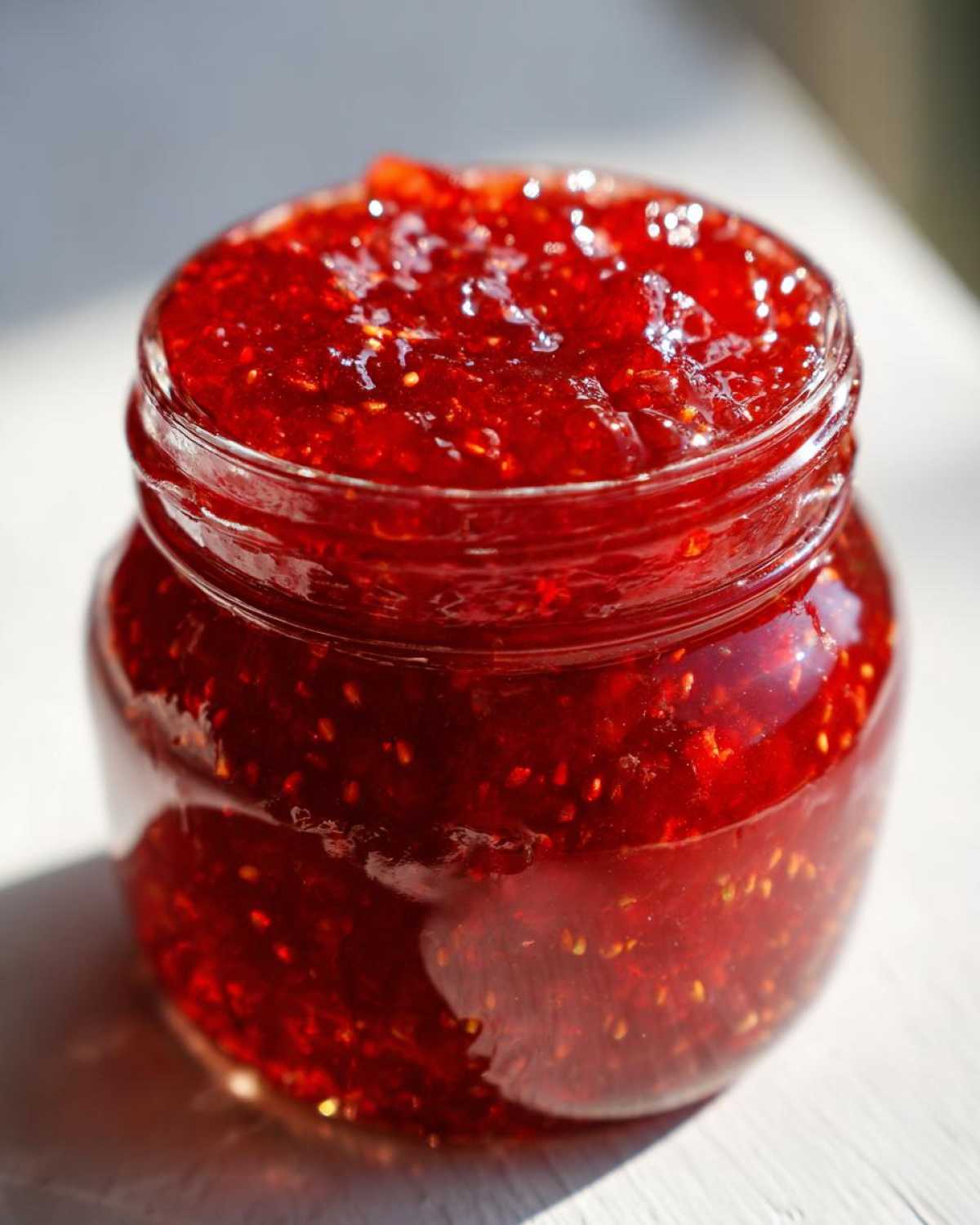 Close-up of a glass jar filled with vibrant, chunky strawberry freezer jam, showing visible seeds.