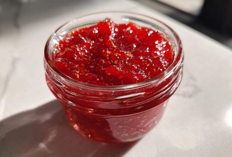 Close-up of a small glass jar filled with vibrant red strawberry freezer jam, catching bright sunlight.