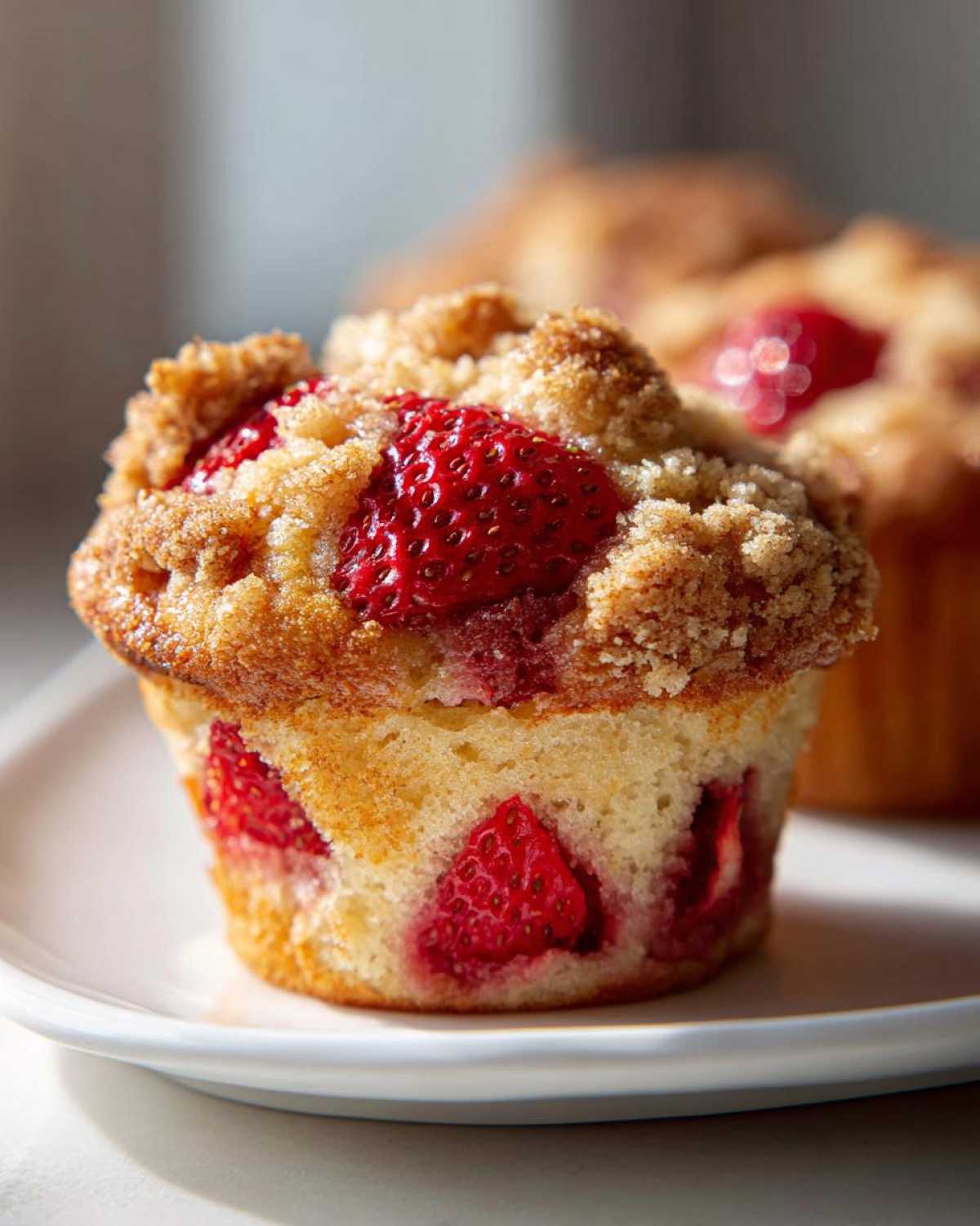 Close-up of a moist strawberry muffin topped with sweet streusel and featuring visible chunks of fresh strawberries inside.