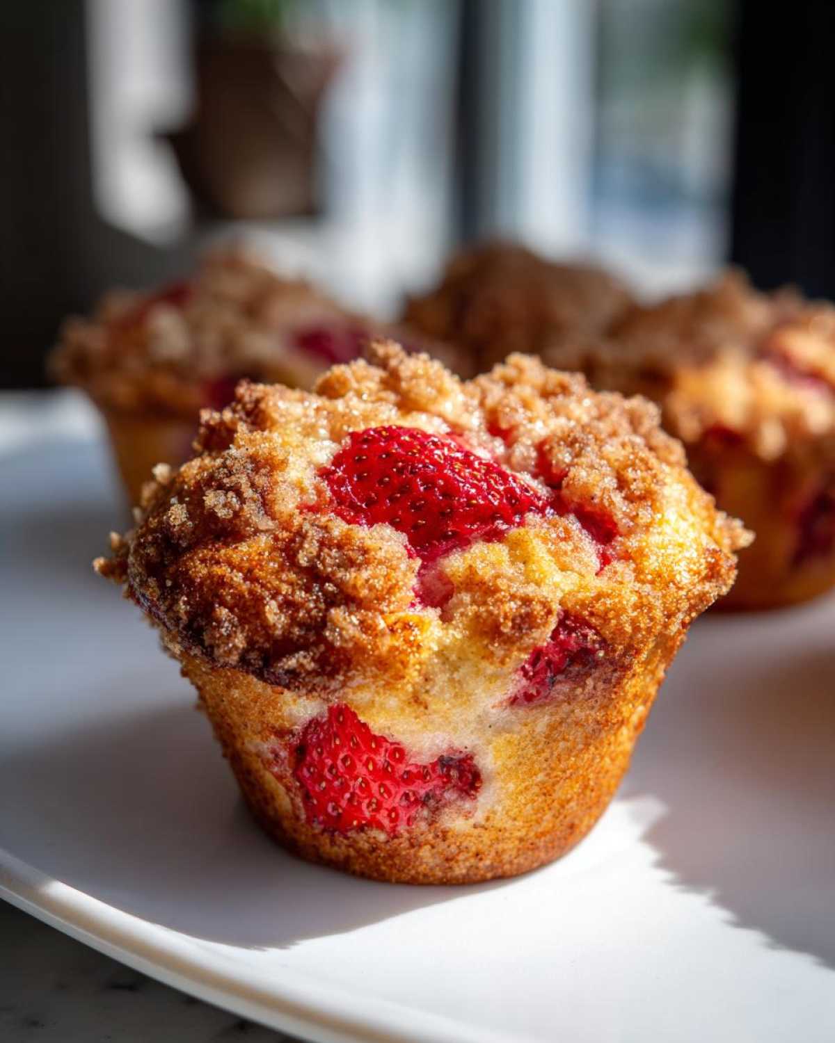 A close-up of a freshly baked strawberry muffin with a golden crumb topping and visible strawberry pieces.