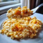 A fork lifting a bite of creamy, orange cheesy rice, showing long, satisfying cheese pulls.