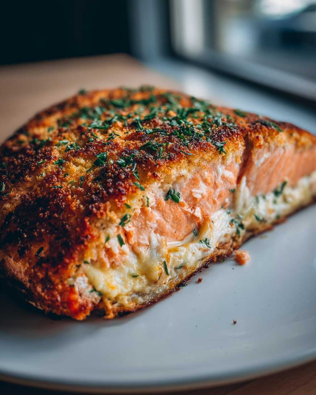 A close-up cross-section of a perfectly baked stuffed salmon fillet with a golden crust and creamy filling.