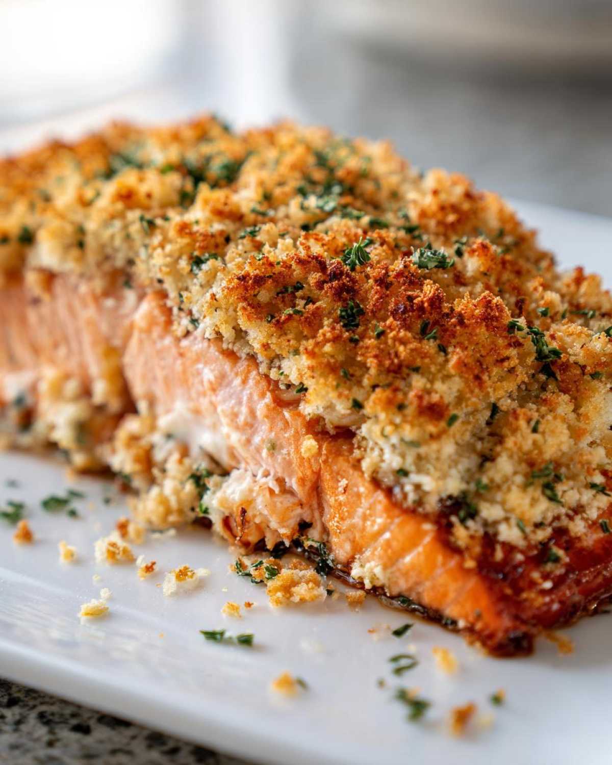 A close-up of a perfectly baked stuffed salmon fillet with a golden, crispy breadcrumb topping and fresh parsley.