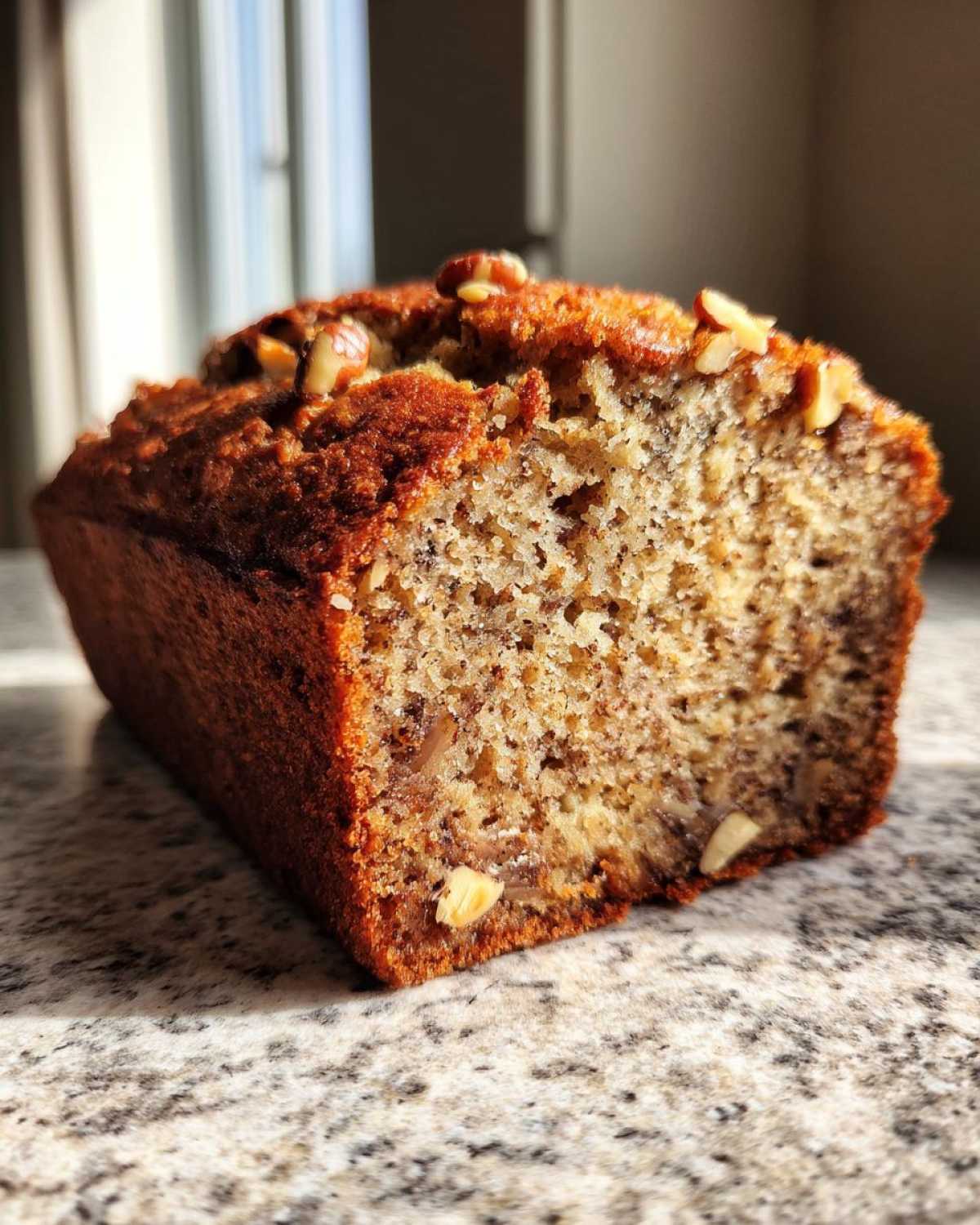 A close-up view of a freshly baked sugar free banana bread loaf, showing a moist crumb and chopped nuts on top.