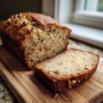 A close-up of a loaf of moist sugar free banana bread, with one thick slice cut and resting beside it on a wooden board.