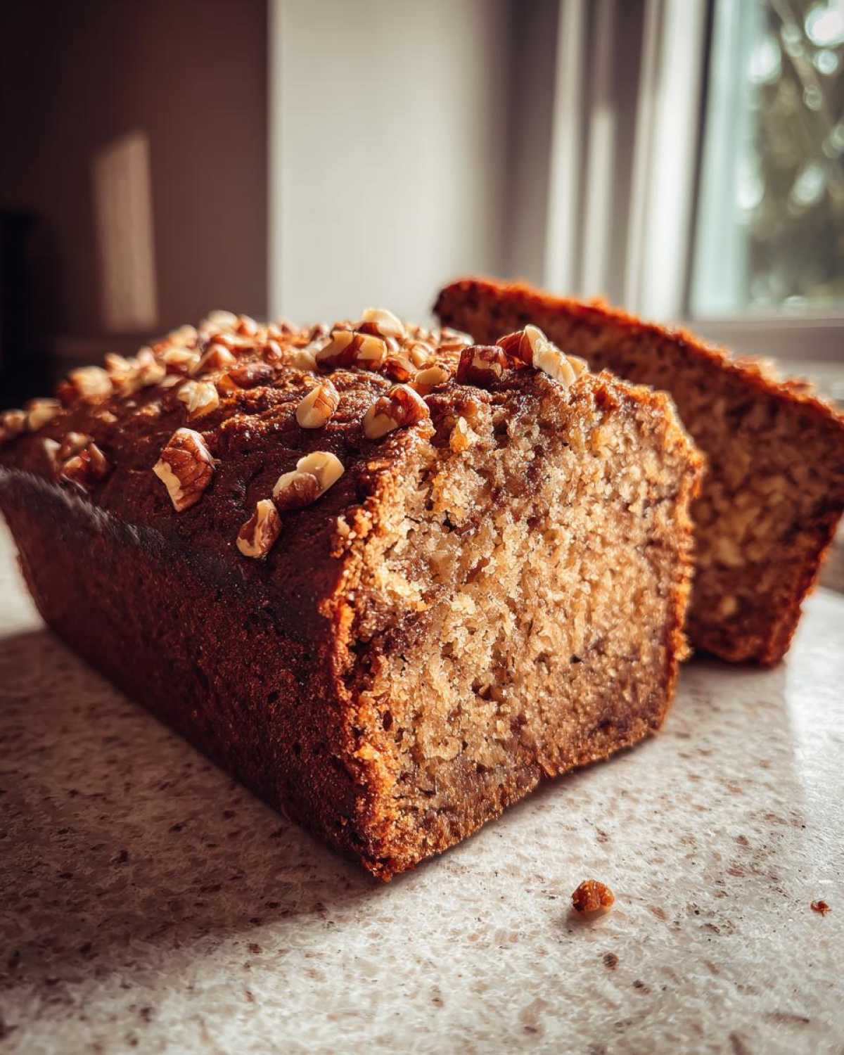 A close-up of a freshly baked sugar free banana bread loaf topped with chopped walnuts, with one slice cut.