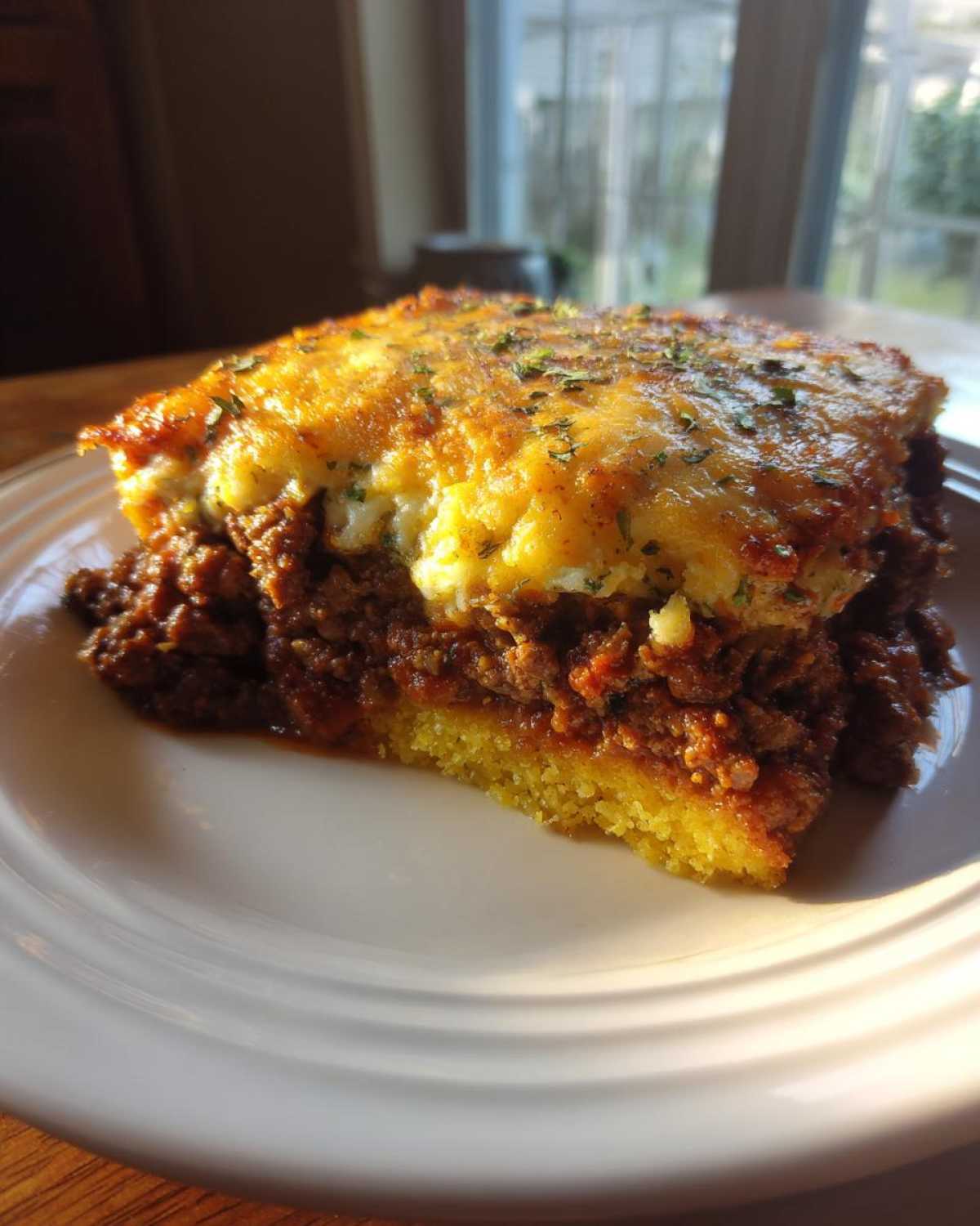A thick slice of Tamale Pie featuring a savory meat filling topped with golden cornbread and melted cheese.