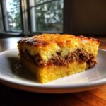 A thick, golden slice of Tamale Pie with a savory meat filling between two layers of cornbread.