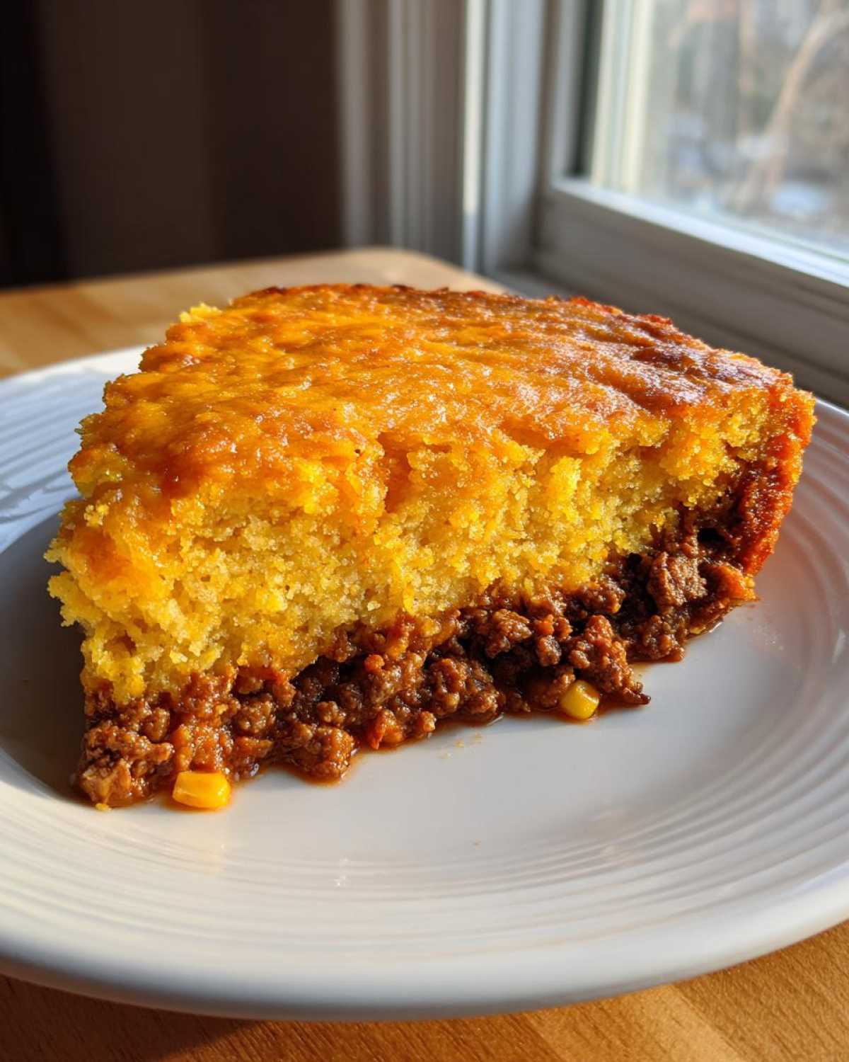A thick slice of Tamale Pie showing a rich, seasoned meat filling topped with golden cornbread, served on a white plate.