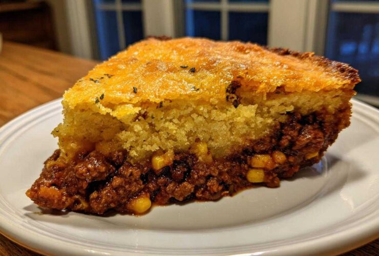 A thick slice of Tamale Pie showing a savory ground meat filling topped with golden cornbread.