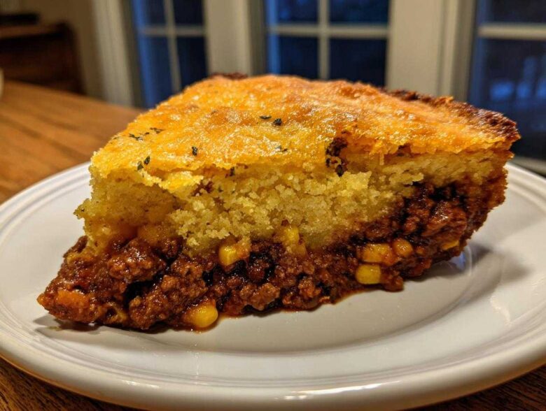 A thick slice of Tamale Pie showing a savory ground meat filling topped with golden cornbread.