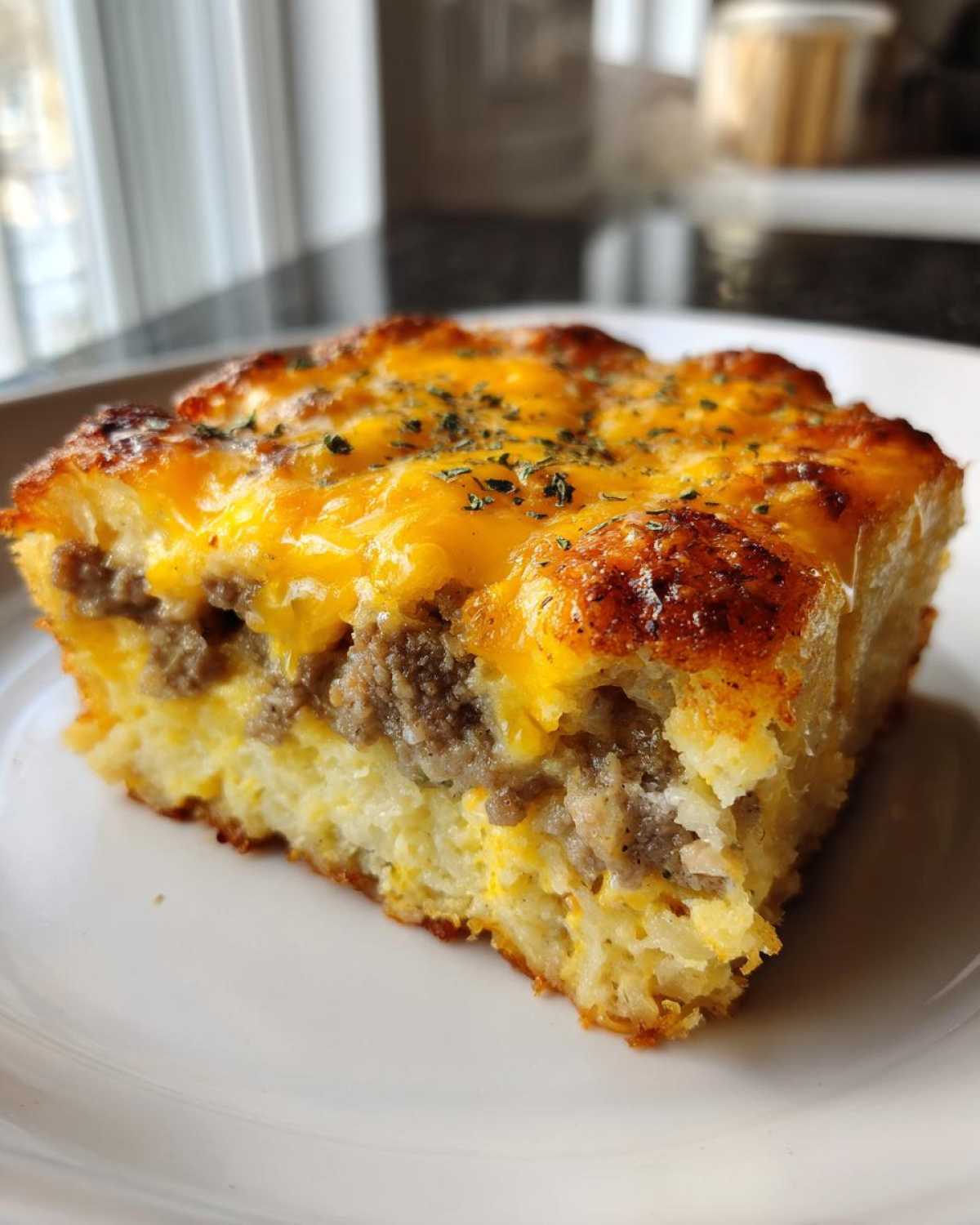 A square serving of tater tot breakfast casserole with sausage, eggs, and melted cheddar cheese topping.