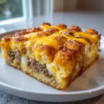 A hearty slice of tater tot breakfast casserole featuring sausage, eggs, and melted cheddar cheese on top.
