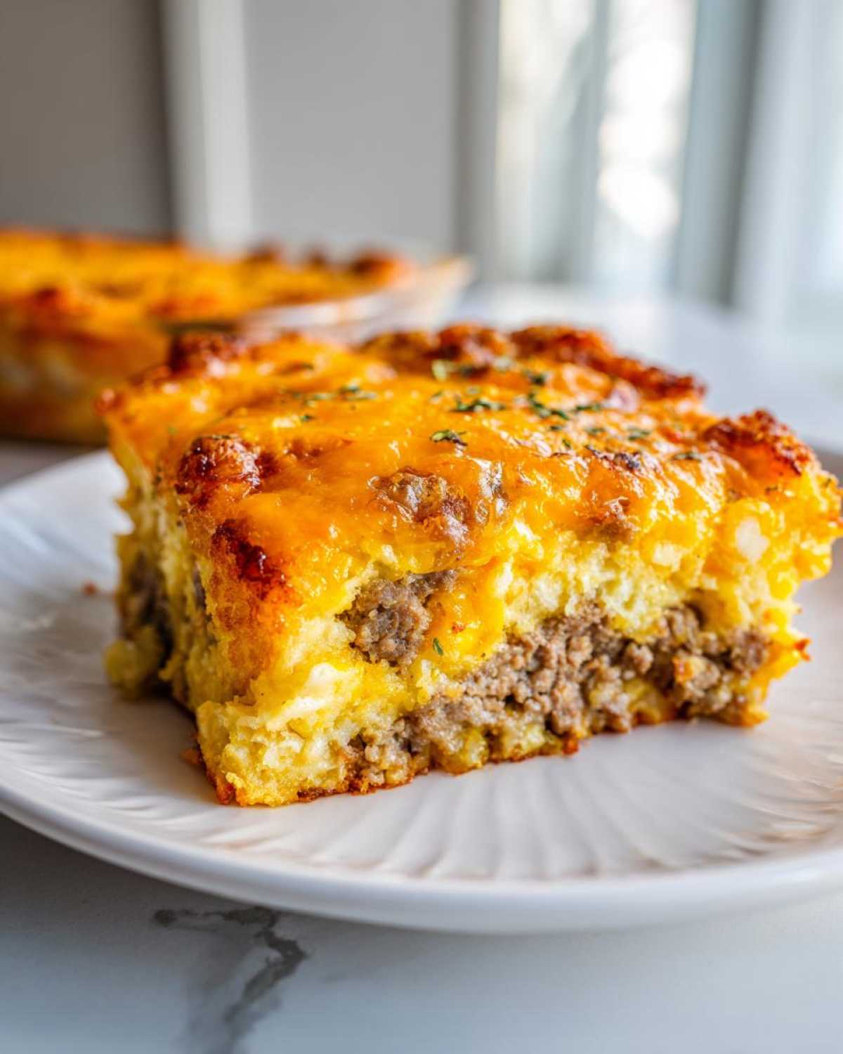 A close-up of a hearty slice of tater tot breakfast casserole layered with sausage, eggs, and melted cheddar cheese.
