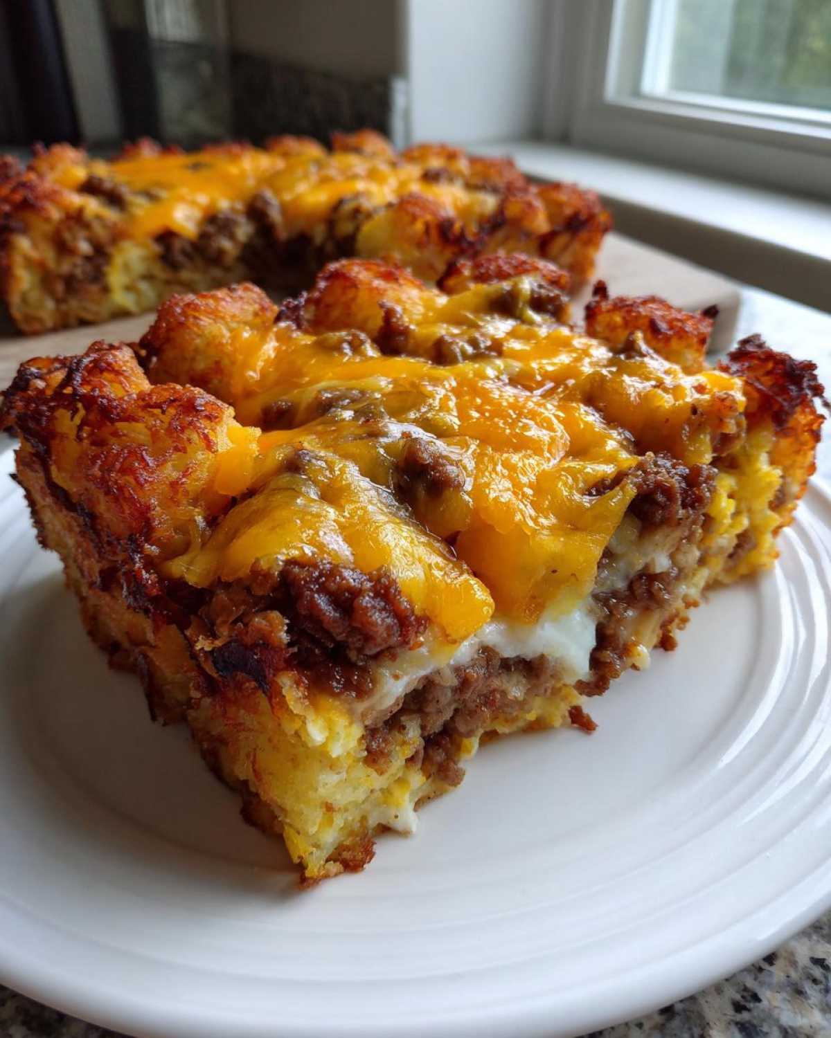 Close-up of a hearty slice of tater tot breakfast casserole topped with melted cheddar cheese and sausage.