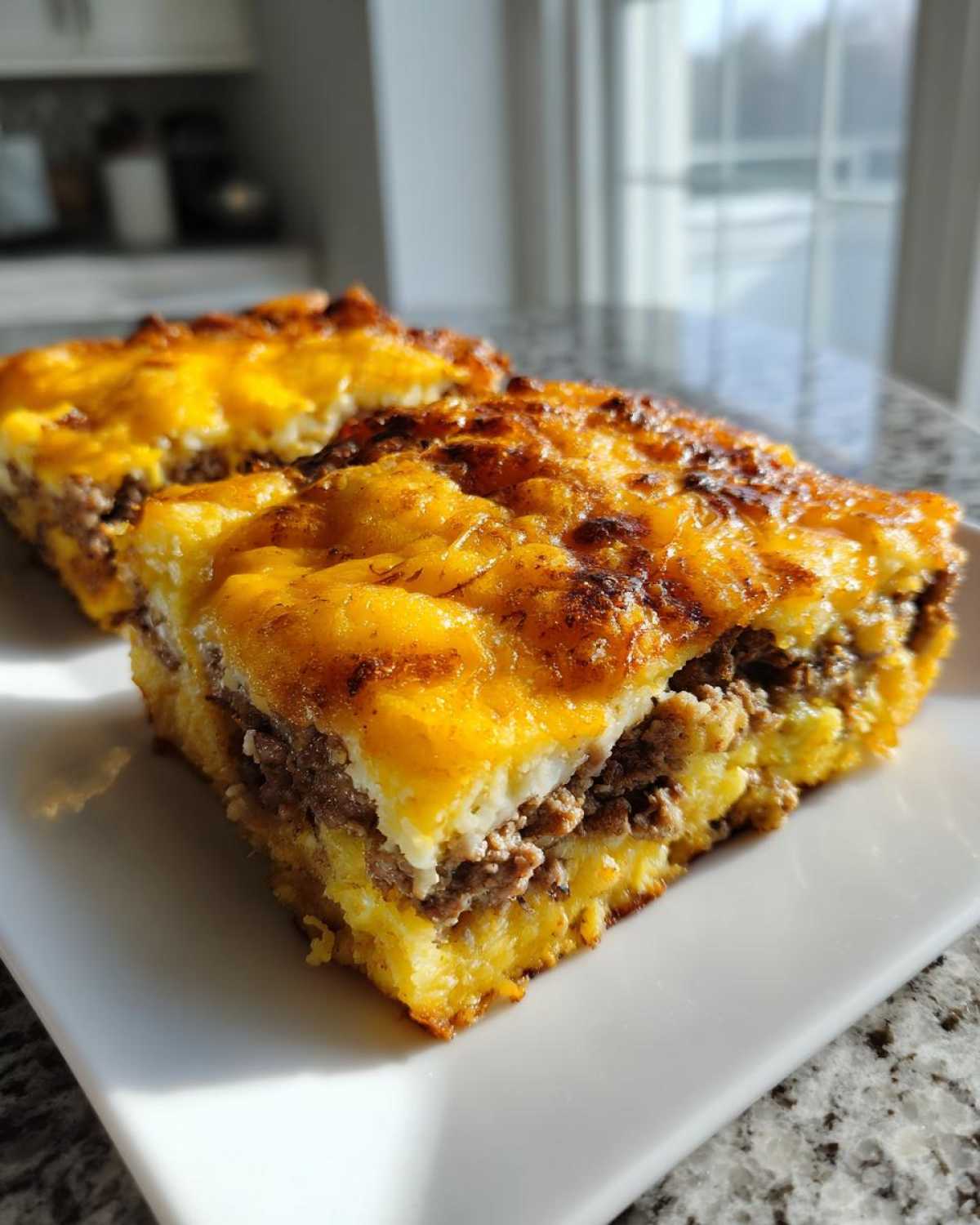 Close-up of a hearty slice of tater tot breakfast casserole with browned cheese and sausage filling.