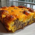 A thick, golden slice of tater tot breakfast casserole with sausage and melted cheddar cheese on a white plate.