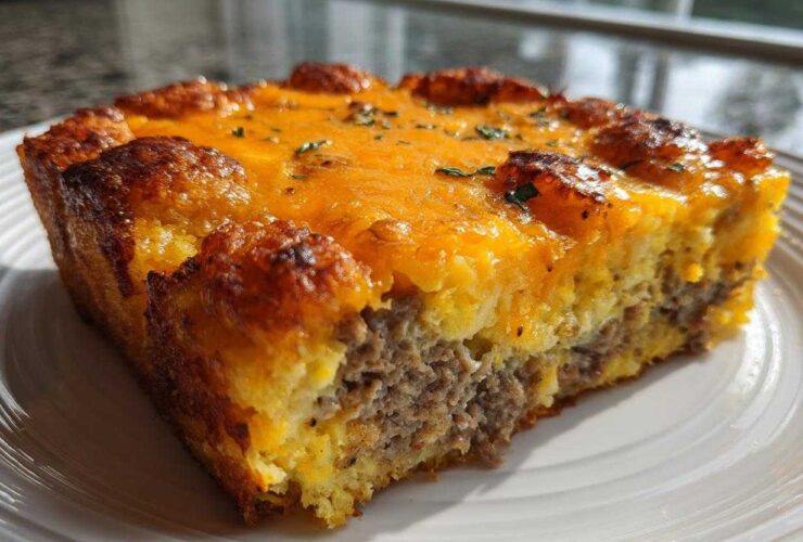 A thick, golden slice of tater tot breakfast casserole with sausage and melted cheddar cheese on a white plate.