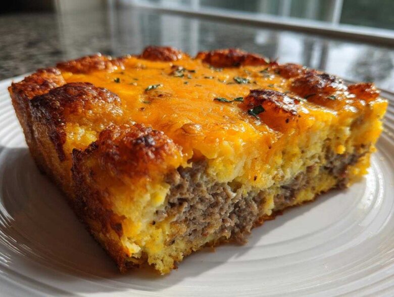 A thick, golden slice of tater tot breakfast casserole with sausage and melted cheddar cheese on a white plate.