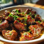 Close-up of tender, saucy crockpot steak bites garnished with fresh chopped parsley in a white bowl.