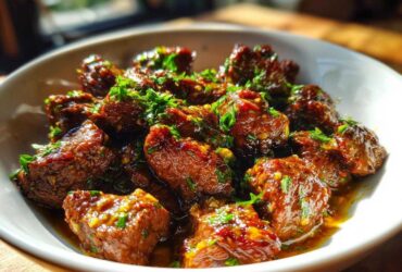Close-up of tender, saucy crockpot steak bites garnished with fresh chopped parsley in a white bowl.